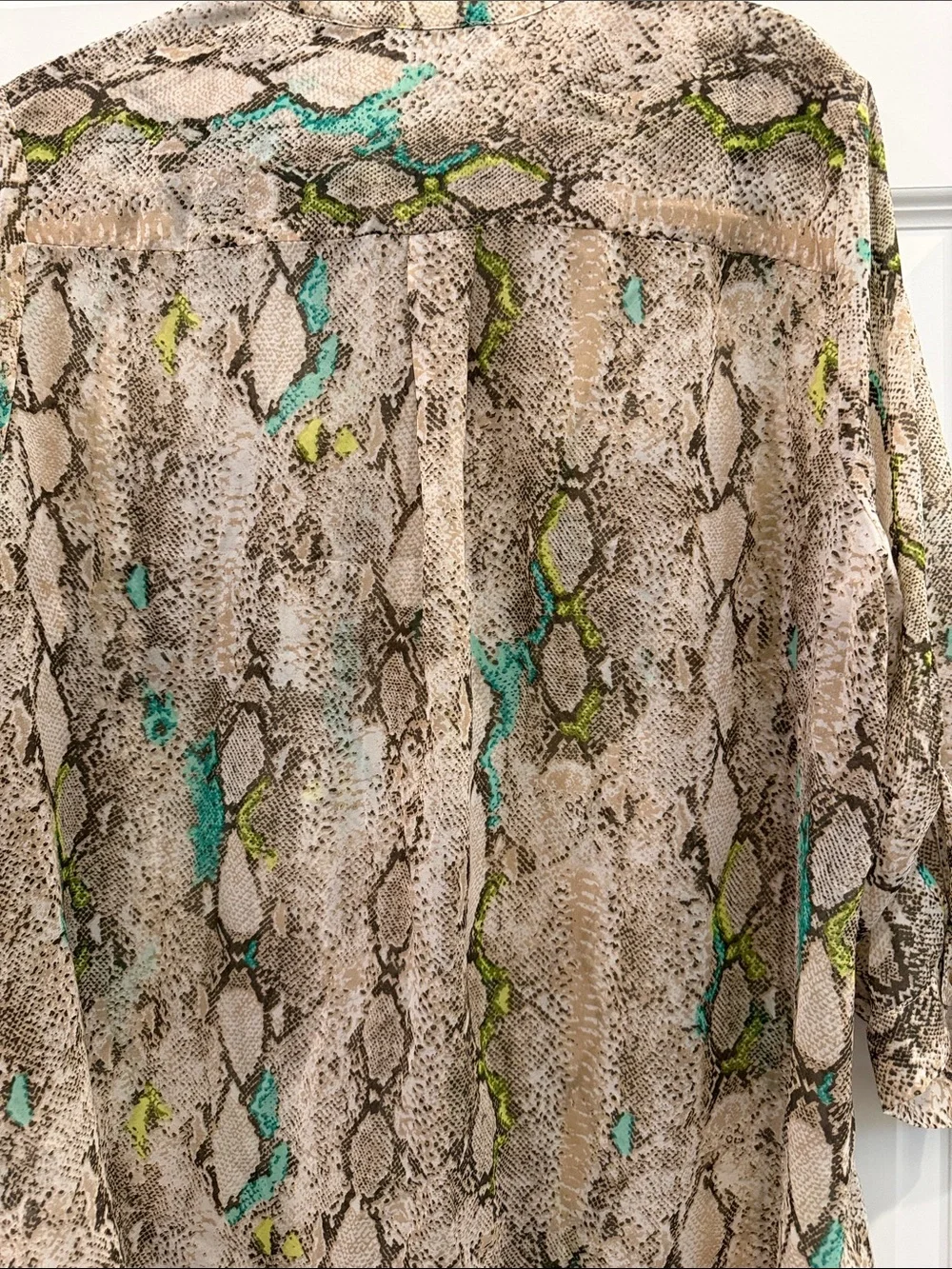 Covington Neutral Snake Print Blouse with Teal and Lime Accents